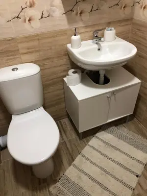 a bathroom with a white toilet and a sink at Business sky Loft in Sofia