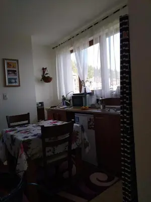 a kitchen with a table and a sink and a window at Пампорово Студио М хотел в Росица in Pamporovo