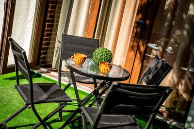 a table with two chairs and a potted plant on a balcony at Sofia Rococo Life Apartments in Sofia