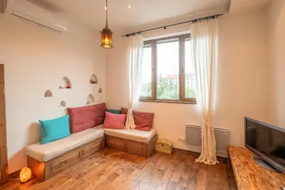 a living room with a couch and a tv at Kings Park Boutique Apartment in Sofia