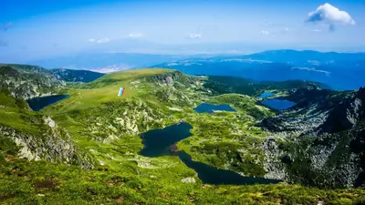 an aerial view of a mountain with two lakes at City View Apartment With 2 Bedrooms and Free Garage in Blagoevgrad