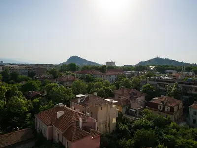 a view of a city with houses and trees at Hotel Puldin COOP in Plovdiv