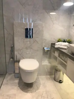 a bathroom with a white toilet and a sink at Riverside apart in Blagoevgrad