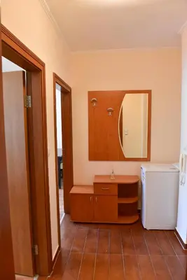 a bathroom with a sink and a mirror and a refrigerator at Cedar Lodge in Bansko