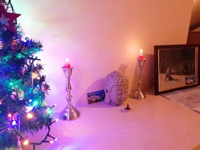 a room with a christmas tree and a picture and candles at Apartment Viki Pamporovo in Pamporovo