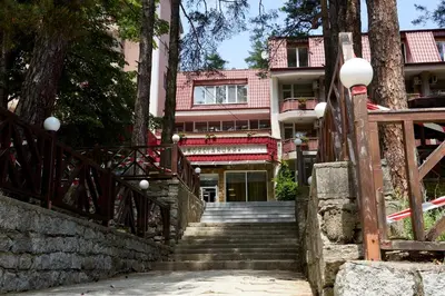 a stairway leading up to a building with a building at Constantzia Balneohotel in Kostenets Village