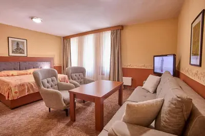 a hotel room with a couch and a bed at Хотел 