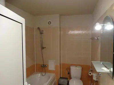 a bathroom with a shower and a toilet and a sink at Simon's studio in Bansko