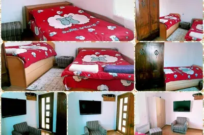 a collage of four pictures of a bedroom with a bed at Нouse with cute little yard in Plovdiv