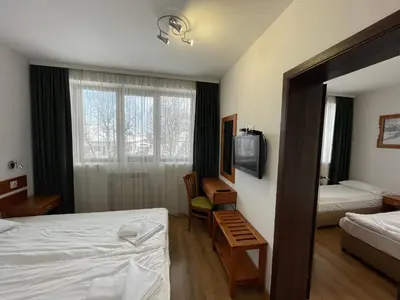 a bedroom with a bed and a tv and a mirror at Edelweiss Central Hotel in Bansko