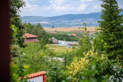 a view through the trees of a village at Medi Guest House in Sapareva Banya
