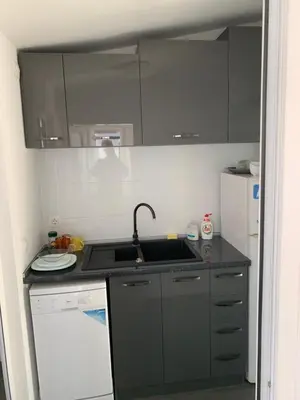 a small kitchen with a sink and a stove at Lilia 5 Self-Check in apartment in Sofia