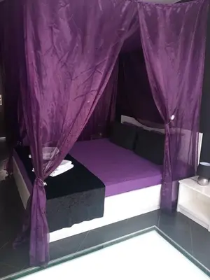 a purple bed with purple curtains in a room at Бора Бора in Sapareva Banya