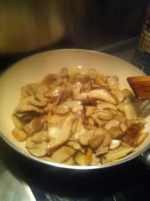 a pan filled with mushrooms on top of a stove at Ashkova House in Govedartsi
