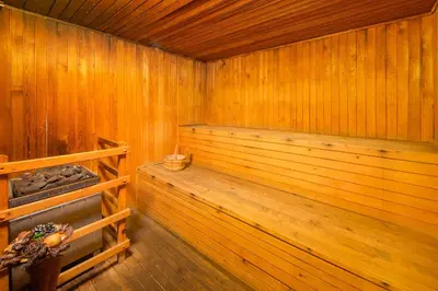 a wooden sauna with a wooden bench in a room at Dolna Bania Hotel in Dolna Banya