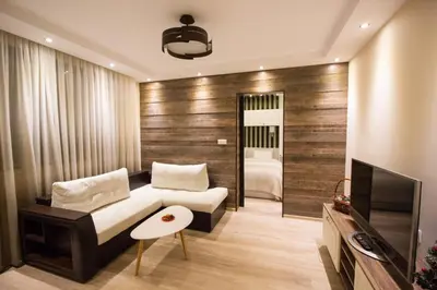 a living room with a bed and a television at Апартамент Легал in Chepelare