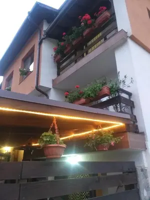 a building with potted plants on the side of it at Guest House Markovi in Govedartsi