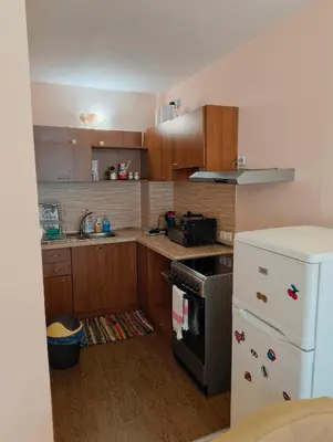a small kitchen with wooden cabinets and a white refrigerator at Evrika home 5 in Pamporovo