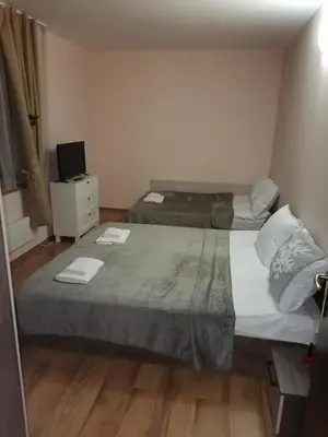 a small bedroom with a bed and a television at Evrika home 19 in Pamporovo