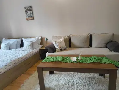 a living room with a couch and a coffee table at Evrika home 21 in Pamporovo
