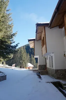 a snow covered yard next to a house with trees at Boriki Complex in Pamporovo