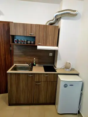 a kitchen with wooden cabinets and a sink and a refrigerator at Private Apartments Nevena in Pamporovo