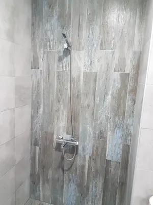 a bathroom with a shower with a wooden wall at LUXURY SUITES in Karlovo