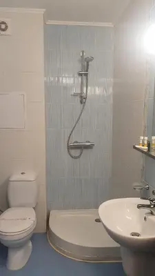 a bathroom with a shower and a toilet and a sink at Апартамент Pamporovo Palace in Pamporovo