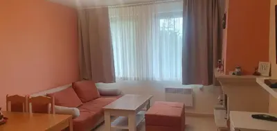 a living room with a couch in front of a window at Апартамент Pamporovo Palace in Pamporovo