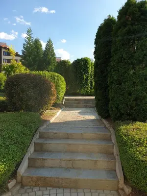 a set of stairs in a garden with bushes at Private Studio in Aspen Golf and Ski Resort in Razlog