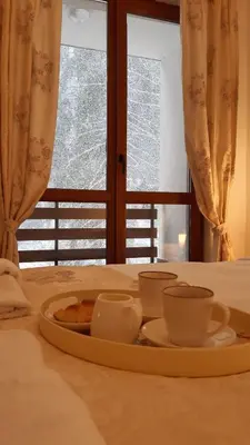 a tray with cups and plates on a bed with a window at Апартамент Winter home Iceberg in Pamporovo