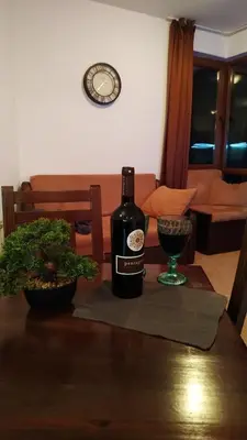 a bottle of wine sitting on a table with a glass at Elitsa Apartment in Pamporovo