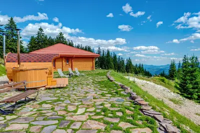 a cabin with a stone walkway next to a building at Вила Морава in Pamporovo