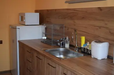 a kitchen counter with a sink and a refrigerator at Vesi's Rooms in Plovdiv