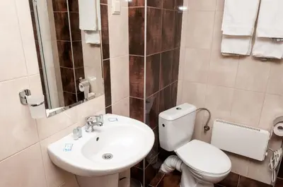 a bathroom with a white toilet and a sink at Hotel Balkan in Botevgrad
