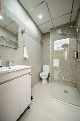 a bathroom with a shower and a sink and a toilet at Rebus Apartments in Sandanski