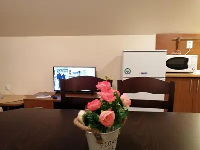 a vase of roses on a table with a computer at Studio at Home Pamporovo in Pamporovo