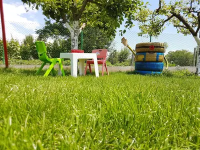 three chairs and a table in a field of grass at Sharkov Family Hotel in Ognyanovo