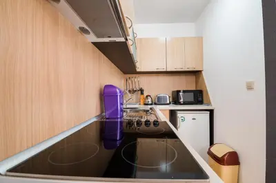 a small kitchen with a stove and a sink at ASPEN GOLF RESORT Ski & Spa RELAX APARTMENT in Bansko