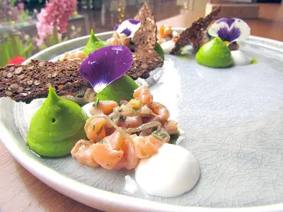 a plate of food with shrimp and other desserts at Ancient Serdica 2BDR Family Friendly City Retreat in Sofia