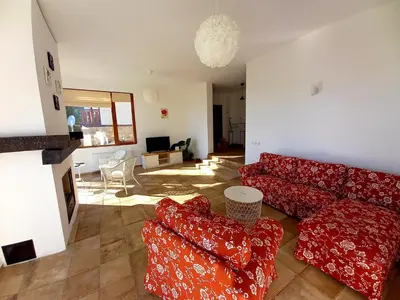 a living room with two red couches and a living room with a television at Farmhopping Village in Dobărsko