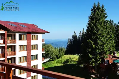 a view from the balcony of a hotel with a tree at Aparthotel Forest Nook in Pamporovo
