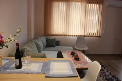 a living room with a table with a bottle of wine at СТУДИО-ЛАМБО in Sandanski