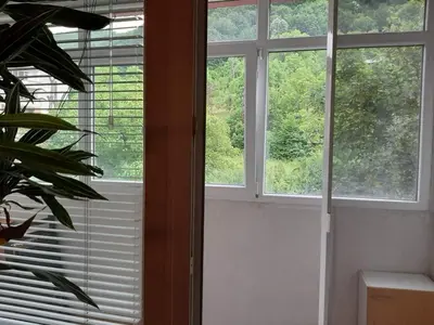 a room with three windows and a plant at Apartment Milevi in Teteven