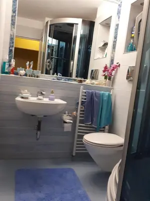 a bathroom with a sink and a toilet and a mirror at 2 Bedrooms with private Bath and balcony near the Airport in Sofia
