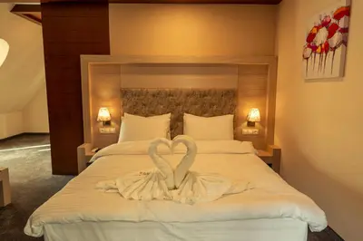 two swans made out of towels on a bed at Boutique hotel Provence Бутик хотел Прованс in Petrich
