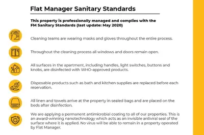 a screenshot of a cell phone screen with a sign that reads first manager sanitation standards at Stylish 1BD Flat with a terrace near the centre of Plovdiv by Flat Mаnager in Plovdiv
