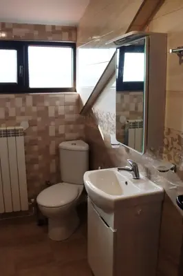 a bathroom with a toilet and a sink and a mirror at GREEN HOUSE - Попниколови in Sapareva Banya