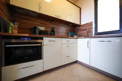 a kitchen with white cabinets and a black oven at Lake View House in Bansko