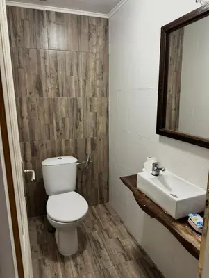 a bathroom with a toilet and a sink at Къща за гости Виевци in Vievo